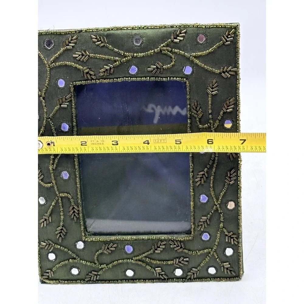Pier 1 Velvet Beaded Picture Frame Green Rhinestone Jeweled Boho 5x7